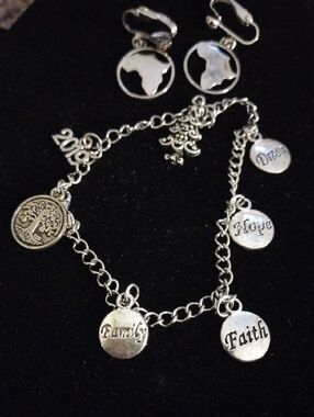 Silver Tone Inspirational Charm Bracelet with World Map Earrings